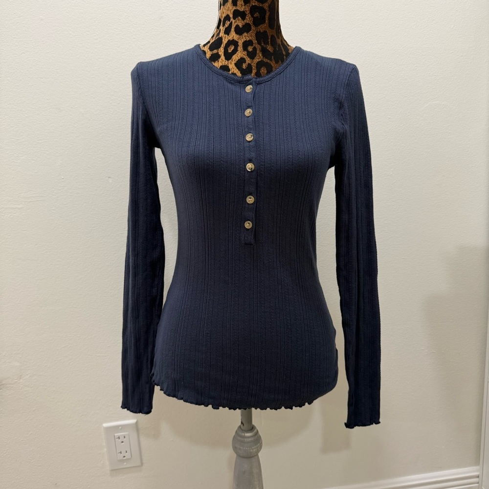 Faherty M Paradise Pointelle Henley T-Shirt Cozy Chic Lettuce Hem Granola Girl